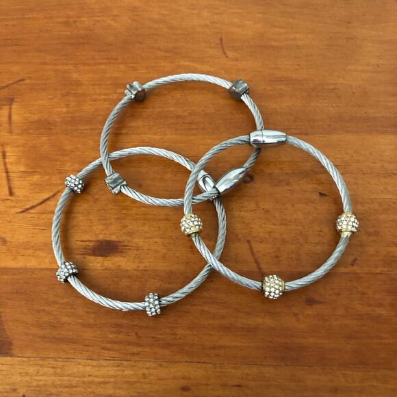 3 PCS Silver Unique Vintage Rope Style Bracelet Set with Small Gemstone Beads - Picture 1 of 9